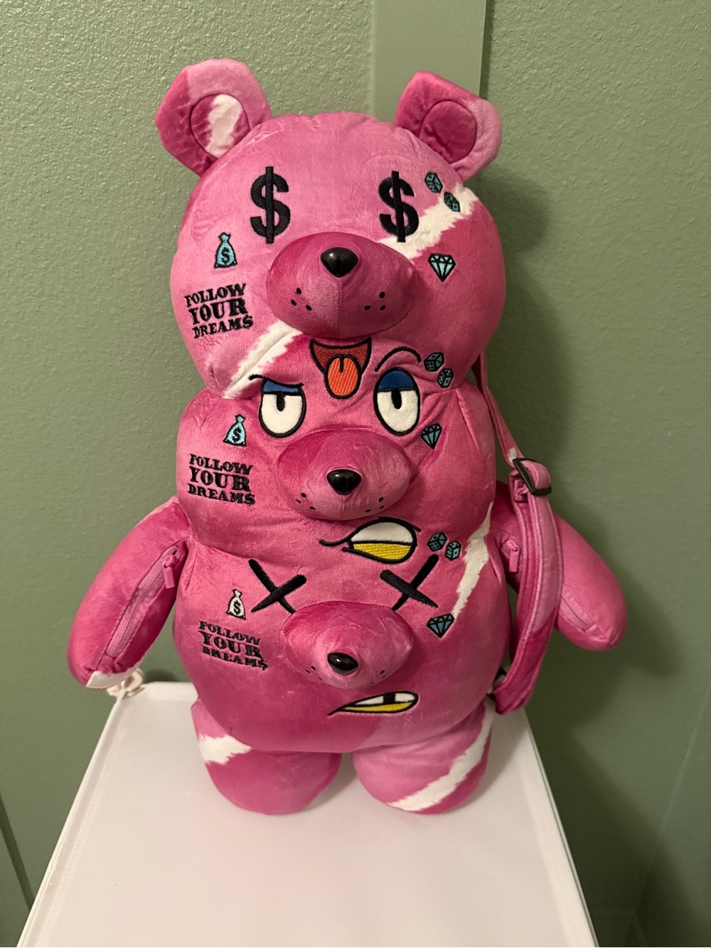 Sprayground Pink Stacked Bear Plush Backpack with Embroidered Icons